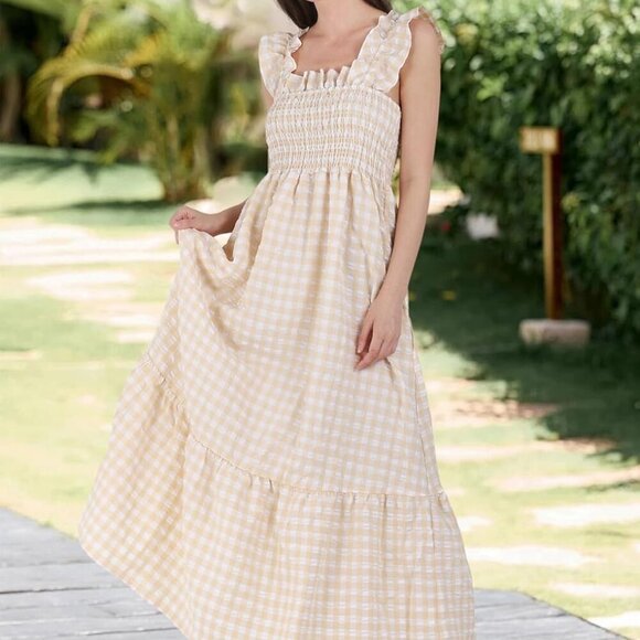Women's Retro Plaid Smocked Dress Spaghetti Strap Flounce Long Dress - Picture 3 of 6